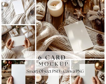 May include: A collage of six mockups featuring blank white cards. The cards are displayed with cozy winter elements like a knitted sweater, pine cones, candles, and gifts. Text on the image reads "6 CARD MOCKUP Smart Object PSD - Canva PNG."
