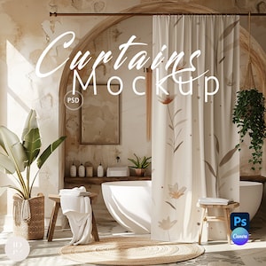 Shower Curtain Mockup, Bathroom Curtain Mockups,Photoshop Mock up, Drag and Drop Mockup PNG, Canva Overlay, Curtains Mockup PSD | 214