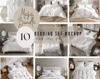 May include: A collection of ten white bedding set mockups featuring various bedroom arrangements, including duvets, pillows, and shams in different interior settings. The text Mega Bundle 10 Bedding Set Mockup PSD JPG PNG is overlaid on the image.