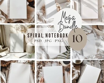 Pacchetto 10 Quaderno a spirale Mockup di diario / Mockup di diario con copertina rigida Canva Trascina e rilascia / Diario con retro / Oggetto intelligente PSD e PNG Canva/589