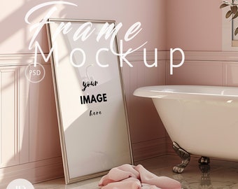 Vertical Frame Bathroom Mockup DIN A,Pink Luxury Frame Photoshop|Floor Frame With Reflection PSD Wall Art|Photopea file with Smart Object|89