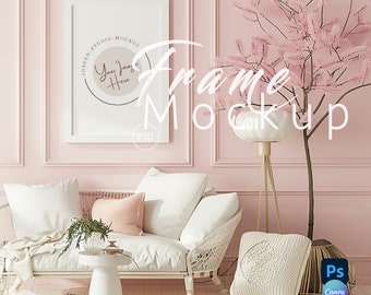 Retro Pink Vertical Frame Mockup,Interior Living Room,White Frames Mock up Canva, Wall Decor Mockup,Poster Mockup,Frame Mockup Psd|19