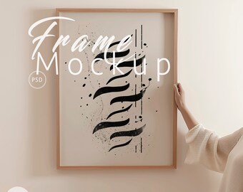 Frame Mockup With Person |Wall Frame Mockup with Reflections| ISO A4 Ratio | PSD Photoshop Photopea Mockup | Hand Holding Touching Frame|29