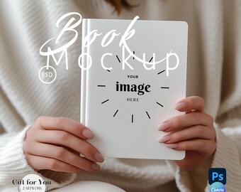 May include: A white book mockup held by a person. The book cover features the text "Book Mockup" in a script font, with the words "YOUR image HERE" and a clock design. The image also includes the text "Gift for You 2 ARTWORK Included", and the logos for Photoshop and Canva.