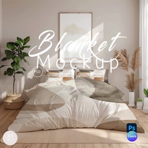 May include: A white and beige blanket with a subtle abstract pattern is displayed on a bed with two pillows. The bed is in a bedroom with a light brown wood floor, a large window, and a painting on the wall. The text "Blanket Mockup" is written in white on the image.