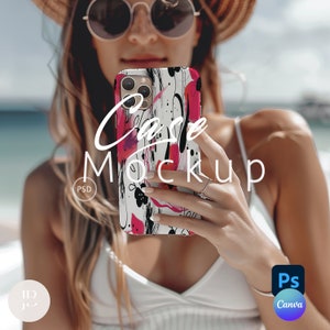 May include: A woman is holding a phone case with a colorful abstract design. The case is black, white, pink, and blue. The text "Case Mockup" is written in white on the case.