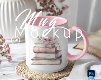 Pink Mug Mockup, 11 Oz Mug Pink Handle, Cup Coffee Mock up Photoshop, Printify Mug, Mockup Canva Drag and Drop PNG , Mockup PSD| 229
