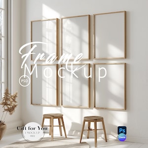 Six Frame Gallery Wall Art Set Frame Mockup|Mockup met 6 Frames Woonkamer Psd| Verticaal frame met reflectie|Smart Object Mockup Photoshop|732