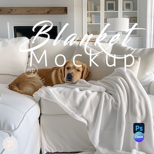 May include: A white blanket draped over a white couch with a golden retriever dog laying on it. The text "Blanket Mockup" is written in white cursive on the couch.