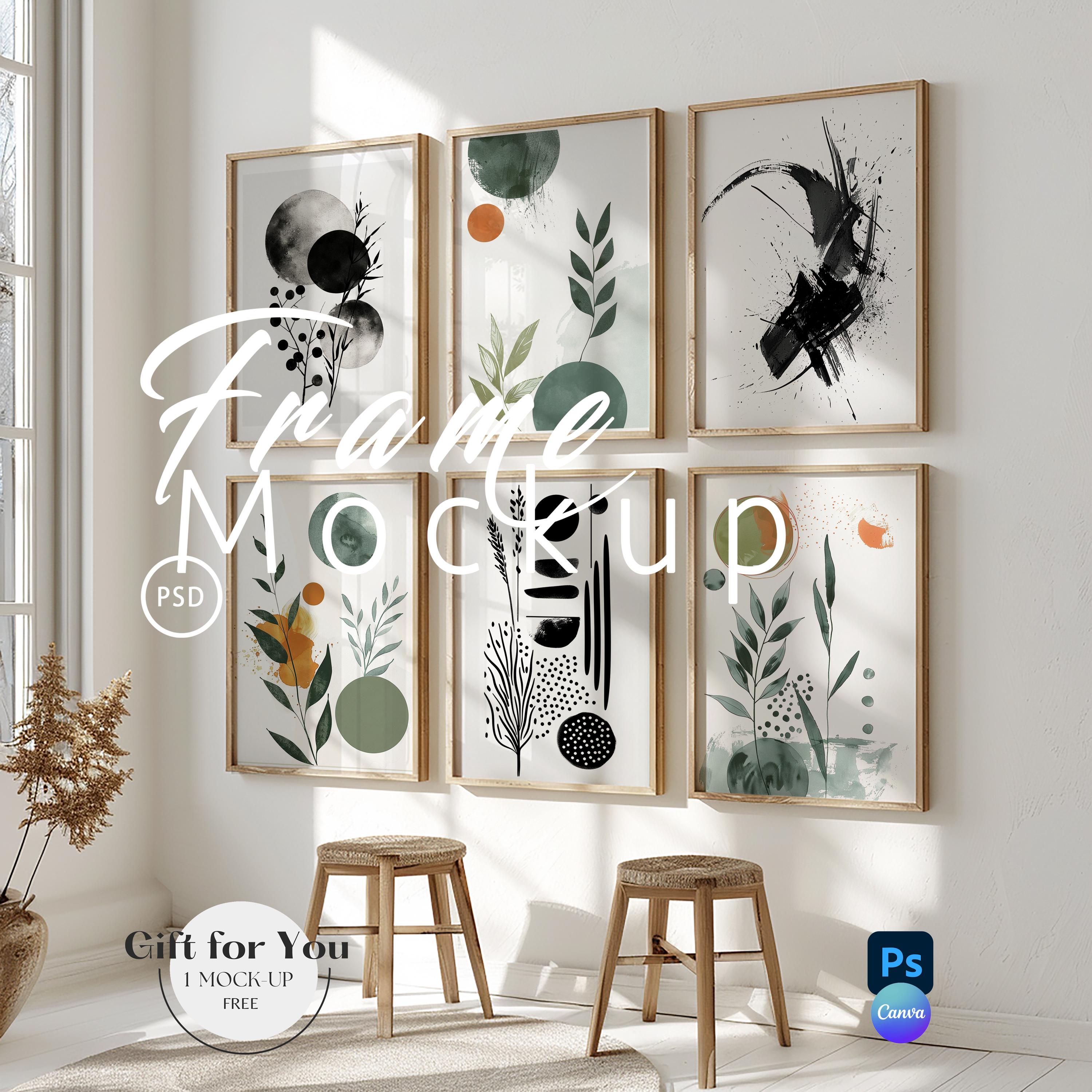 Six Frame Gallery Wall Art Set Frame Mockup|6 Frame Living Room