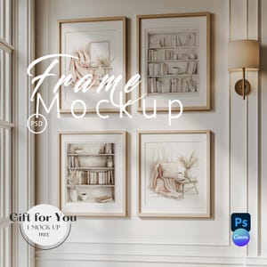 Four Frame Living Room  Frame Mockup |Gallery Wall Art Set Mock-Up Photoshop | Vertical Frame with Reflection | Smart Object Mockup PSD |602