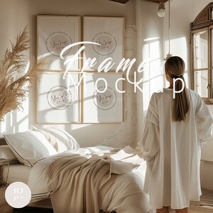 May include: A bedroom scene with four framed mockups on the wall. The frames are light-colored with white matting. The bed is covered with white linens and a beige blanket. The text "Frame Mockup" is overlaid on the image.