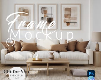 May include: A white couch with brown throw pillows sits in front of a white wall with three framed abstract paintings. The paintings are in shades of brown, beige, and gray. The couch is in a living room setting with a wooden coffee table and a rug on the floor. The text "Frame Mockup" is superimposed on the image.
