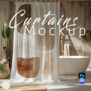Shower Curtain Mockup, Bathroom Curtain Mockups,Photoshop Mock up, Drag and Drop Mockup PNG, Canva Overlay, Curtains Mockup PSD | 213
