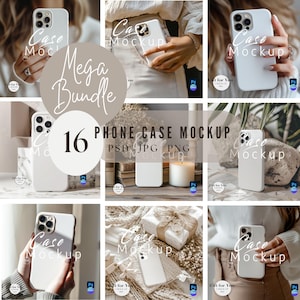 May include: A collection of phone case mockups in various settings. The image features multiple white phone cases, some held by hands, others on surfaces. Text includes "Mega Bundle" and "16 PHONE CASE MOCKUP PSD JPG PNG". The overall aesthetic is clean and modern.