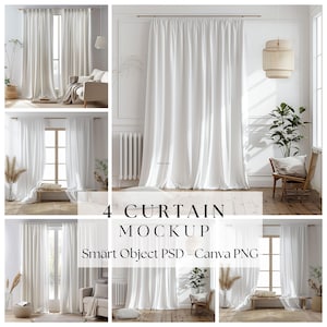 May include: Four white curtains in different room settings. The curtains are made of a soft, flowing fabric and are perfect for adding a touch of elegance to any room.  Smart Object PSD - Canva PNG