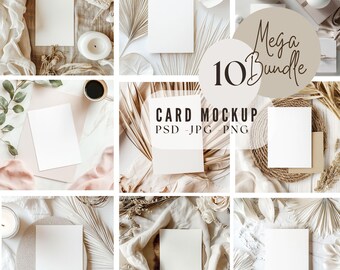 May include: A set of 10 card mockups featuring blank white cards in various natural settings with dried flowers, pampas grass, and other natural elements. The text "Mega Bundle 10 Card Mockup PSD - JPG - PNG" is displayed on the image.