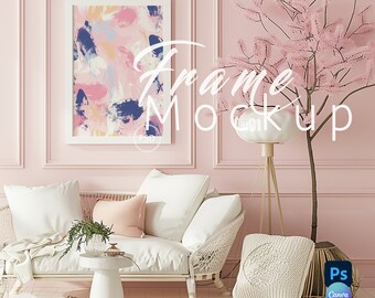 Retro Pink Vertical Frame Mockup,Interior Living Room,White Frames Mock up Canva, Wall Decor Mockup,Poster Mockup,Frame Mockup Psd|19