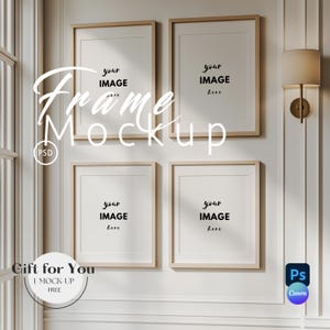 Four Frame Living Room  Frame Mockup |Gallery Wall Art Set Mock-Up Photoshop | Vertical Frame with Reflection | Smart Object Mockup PSD |602
