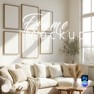Gallery Wall Art Set Frame Mockup,6 Frame Living Room Mock-Up Psd,  Mockup Canva, Vertical Frame with Reflection,Smart Object Mockup|116