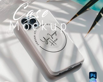 May include: White iPhone case mockup with a circle for adding your image. The text "Your Image Here" is inside the circle. The case is on a white surface with shadows from leaves.
