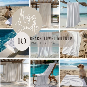 Pacote de mockups de toalhas de praia para Photoshop, modelo de mockup de toalhas, mockup de cobertor, PSD de objetos inteligentes, mockup Canva com arrastar e soltar PNG | 246