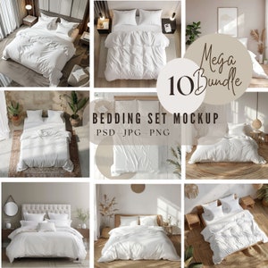 May include: A mockup of 10 different bedding sets in various bedroom settings. The bedding is white and features a duvet cover, pillowcases, and a bed skirt. The text "Mega Bundle 10 Bedding Set Mockup PSD - JPG - PNG" is displayed on the image.