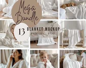 May include: A collection of images showcasing white blankets in various settings. The images include blankets draped over furniture, wrapped around people, and in a baby's crib. Text on the image reads "Mega Bundle" and "13 Blanket Mockup PSD - JPG - PNG".