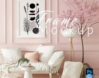 Retro Pink Vertical Frame Mockup,Interior Living Room,White Frames Mock up Canva, Wall Decor Mockup,Poster Mockup,Frame Mockup Psd|19
