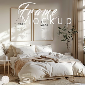 Two Frame Mockup Bedroom, Vertical Set Frames with reflection, Mockup Canva PNG, Gallery Wall Decor Mockup,Poster Mockup Photoshop Psd|120