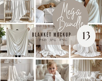 May include: A collection of white blankets in various settings. The image includes a baby wrapped in a blanket, a dog on a couch with a blanket, and blankets draped over furniture. Text on the image reads "Mega Bundle" and "Blanket Mockup".