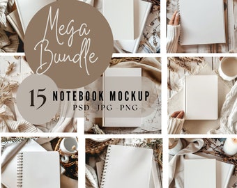 Bundle 15 Notebook Journal Mockup | Hardcover Journal Mockup Canva Drag and Drop| Hard Backed Journal | Smart Object PSD and PNG Canva| 100