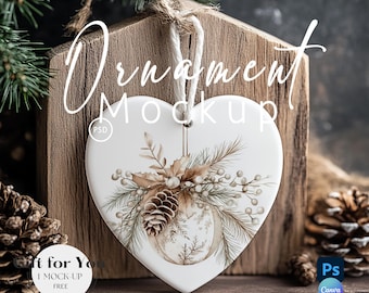 Christmas Heart Ornament Mockup, Blank Ceramic Christmas Ornament Mock up,Ornament Mockup PSD, Ornament Mock Up Canva Drag and Drop| 761