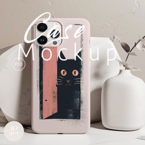 May include: A pink phone case mockup with a black cat illustration and the text "Case Mockup".