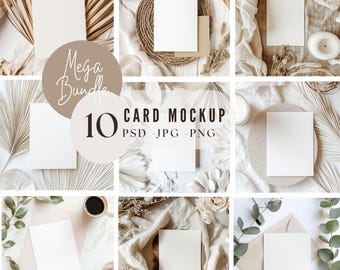 May include: A set of 10 card mockups featuring blank white cards in various natural settings. The mockups include cards on a wooden table with dried palm leaves, a white table with dried flowers, a white table with a candle and a plate, a pink surface with a coffee cup, and a white surface with a brown envelope. The text "Mega Bundle 10 Card Mockup PSD - JPG - PNG" is displayed on the image.