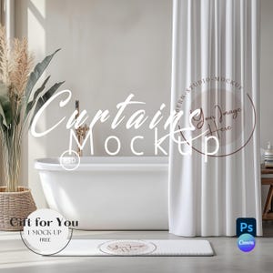 Shower Curtain & Mat Mockup, Bathroom Carpet and Curtain Mockups,Photoshop Mock up,Drag and Drop Mockup PNG, Canva, Curtains Mockup PSD |580