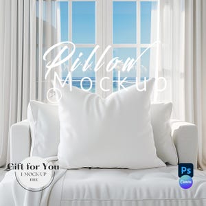 May include: White pillow mockups on a white sofa, with a window and sheer curtains in the background. The text "Pillow Mockup" is overlaid on the image. Additional text reads "Gift for You" and "I Mock Up Free".