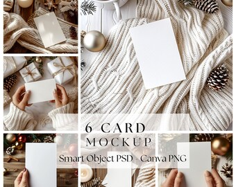 May include: Six card mockups featuring a white card on a variety of backgrounds, including a white knitted blanket, a wooden table with Christmas ornaments, and a wooden table with a lit candle.