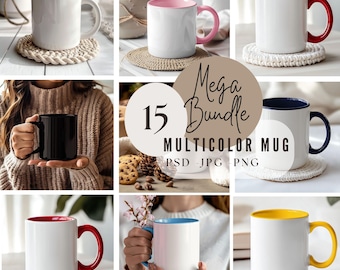 May include: A set of 15 blank white mugs with different coloured rims. The mugs are arranged on a variety of surfaces, including a wooden table, a white surface, and a crocheted coaster. The text "Mega Bundle 15 Multicolor Mug PSD - JPG - PNG" is displayed on a white circle.