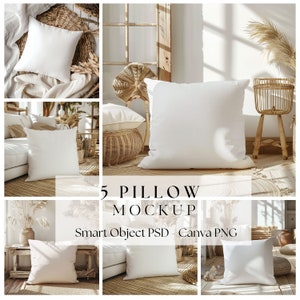 Lot de maquettes d'oreillers, maquette d'oreiller bohème Photoshop, impression de maquette de coussins PSD d'objets intelligents, maquette sur toile par glisser-déposer PNG | 244