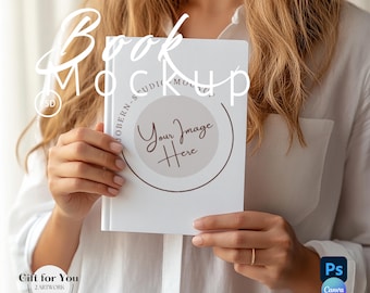 May include: A white book mockup with a brown circle that says "Your Image Here" in a handwritten font. The book is being held by a person wearing a white shirt.