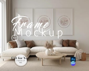 May include: Three white picture frames with a light brown wood finish, hanging on a light beige wall above a white sectional sofa with brown throw pillows. The frames are empty and have the text "Your Image Here" in a circle inside each frame.