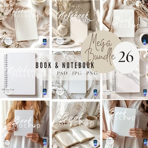 May include: A selection of book and notebook mockups. The images display blank books and notebooks in different arrangements, with text overlays including "Book Mockup" and "Notebook Mockup". The bundle contains 26 items, available in PSD, JPG, and PNG formats.