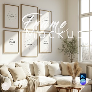 Galerie Wand Kunst Set Rahmen Mockup, 6 Rahmen Wohnzimmer Mock-Up Psd, Mockup Canva, Vertikaler Rahmen mit Reflexion, Smart Objekt Mockup|116