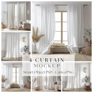 Może przedstawiać: Cztery różne obrazy białych zasłon w różnych pokojach z różnymi rodzajami okien i meblami. Tekst "4 CURTAIN MOCKUP Smart Object PSD - Canva PNG" znajduje się na dole obrazu.