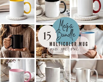 May include: A set of 15 blank white mugs with different coloured rims, including yellow, black, red, blue, and pink. The mugs are arranged in a collage with various backgrounds, including wood, fabric, and a table setting. The text "Mega Bundle 15 Multicolor Mug PSD - JPG - PNG" is displayed in the centre of the image.