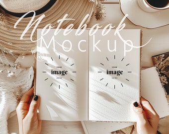 Mockup de diário de capa dura aberta | Mockup de diário aberto para caderno | Mockup de diário com capa dura | Mockup de diário Boho | Objetos inteligentes PSD e PNG | 328