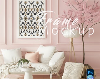 Retro Pink Vertical Frame Mockup,Interior Living Room,White Frames Mock up Canva, Wall Decor Mockup,Poster Mockup,Frame Mockup Psd|19