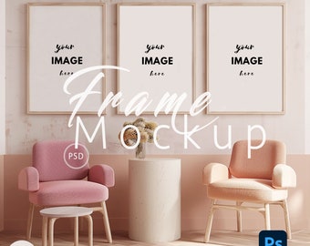 Retro Colorful Interior Frame Mockup, 3 Pink Frames Mockup Canva, Wall Decor Mockup,Nursery Poster Mockup, A4 Frame Mockup, Digital Psd|67