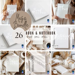 Puede incluir: Una colección de 26 maquetas de libros y cuadernos. La imagen presenta varios libros y cuadernos blancos, algunos con encuadernación en espiral. El texto "Book Mockup" y "Notebook Mockup" es visible en algunos artículos. La imagen también incluye el texto "Mega Bundle" y "BOOK & NOTEBOOK PSD - JPG - PNG".
